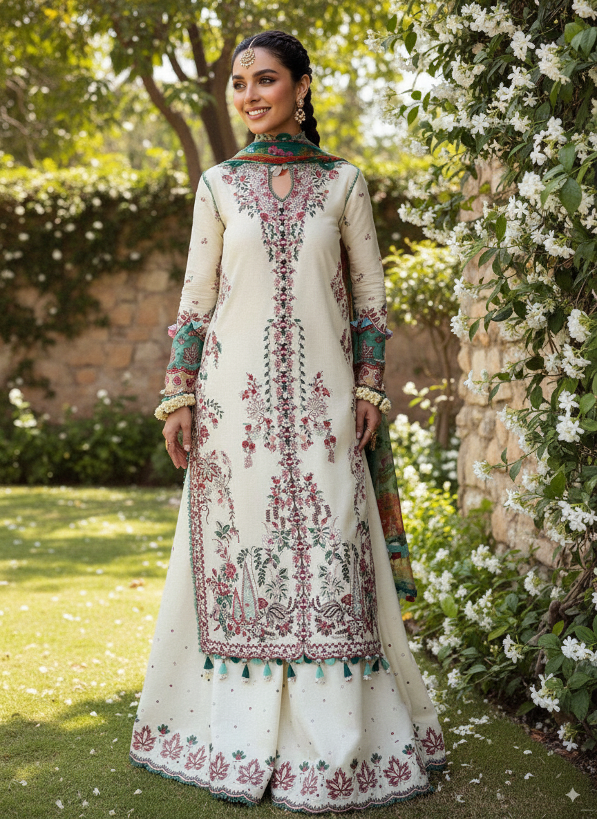 3-Piece Luxury Embroidered Ensemble with Wool Shawl & Dhanak Trouser