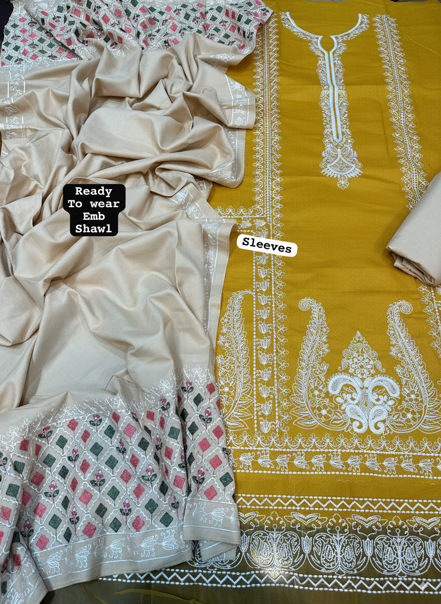 Dhanak 3 Piece Suit with Ready-to-Wear Embroidered Shawl