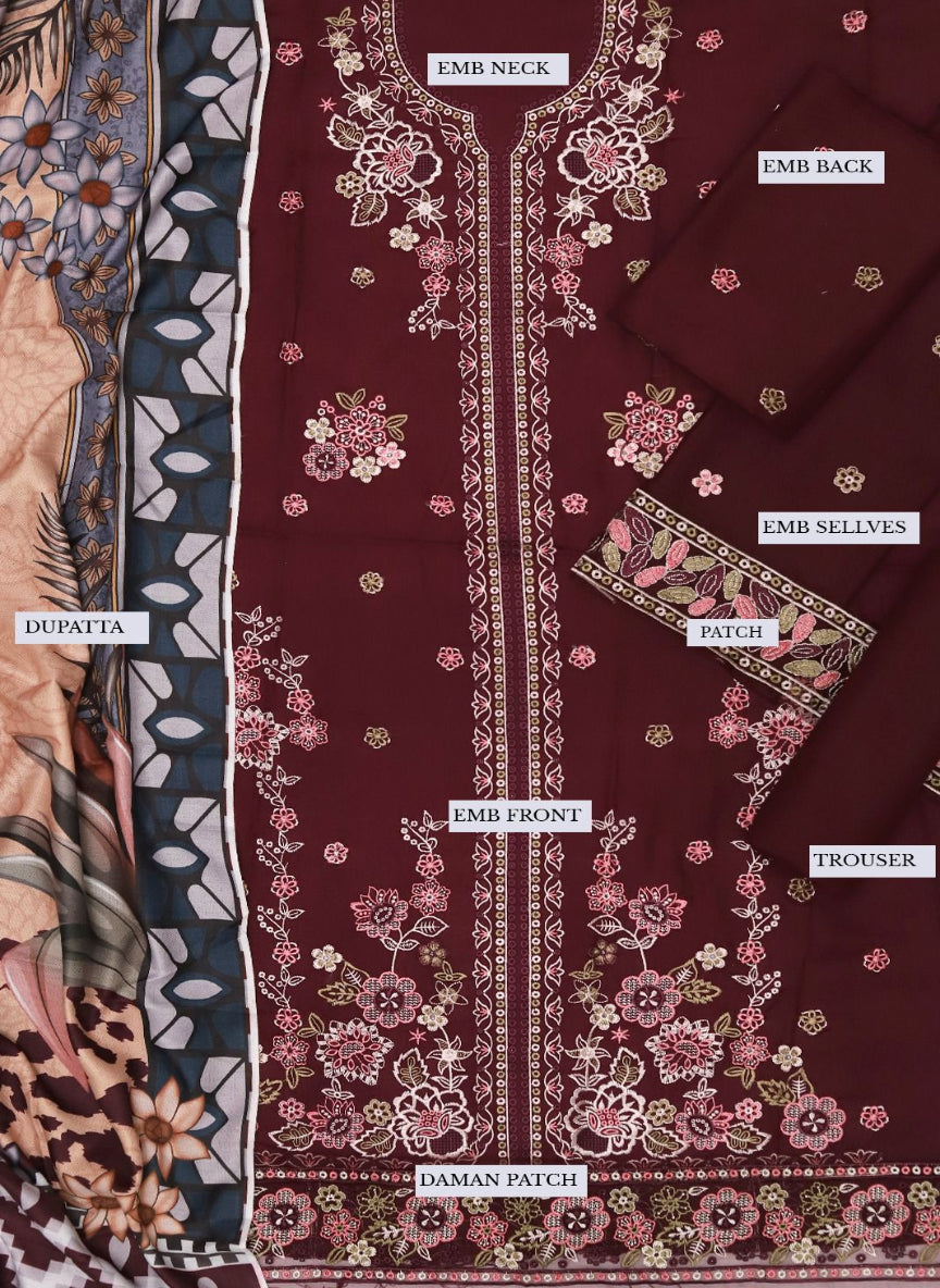 Luxury Embroidered 3-Piece Ensemble with Digital Print Wool Shawl & Dhanak Trouser