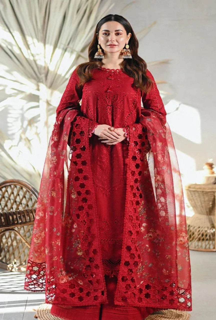 Women unstitched-3PC Embroidered Lawn Shirt with Embroidered Organza Dupatta