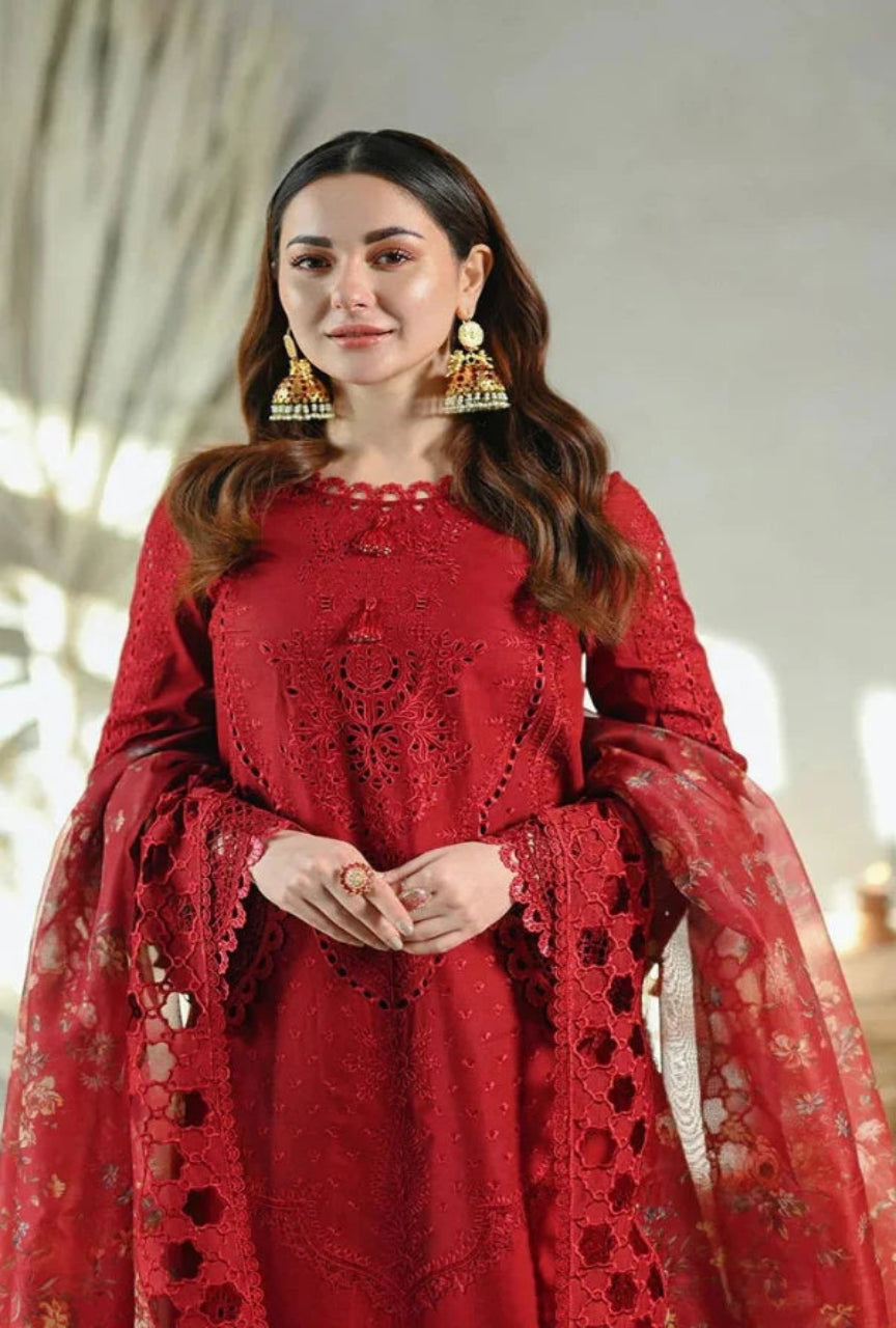 Women unstitched-3PC Embroidered Lawn Shirt with Embroidered Organza Dupatta