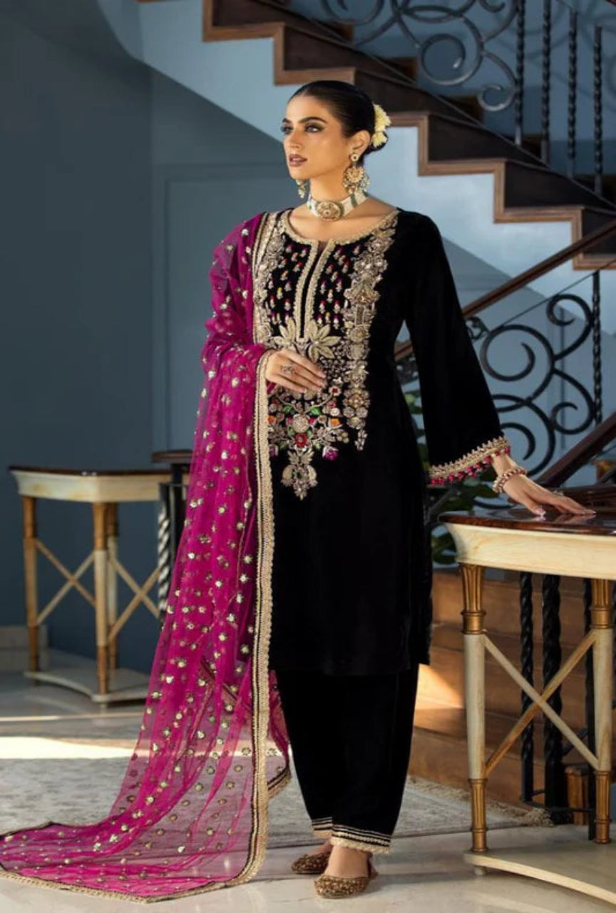 Luxury Velvet Embroidered Suit with Adda Work, Tassel Daman & Double-Shaded Dupatta