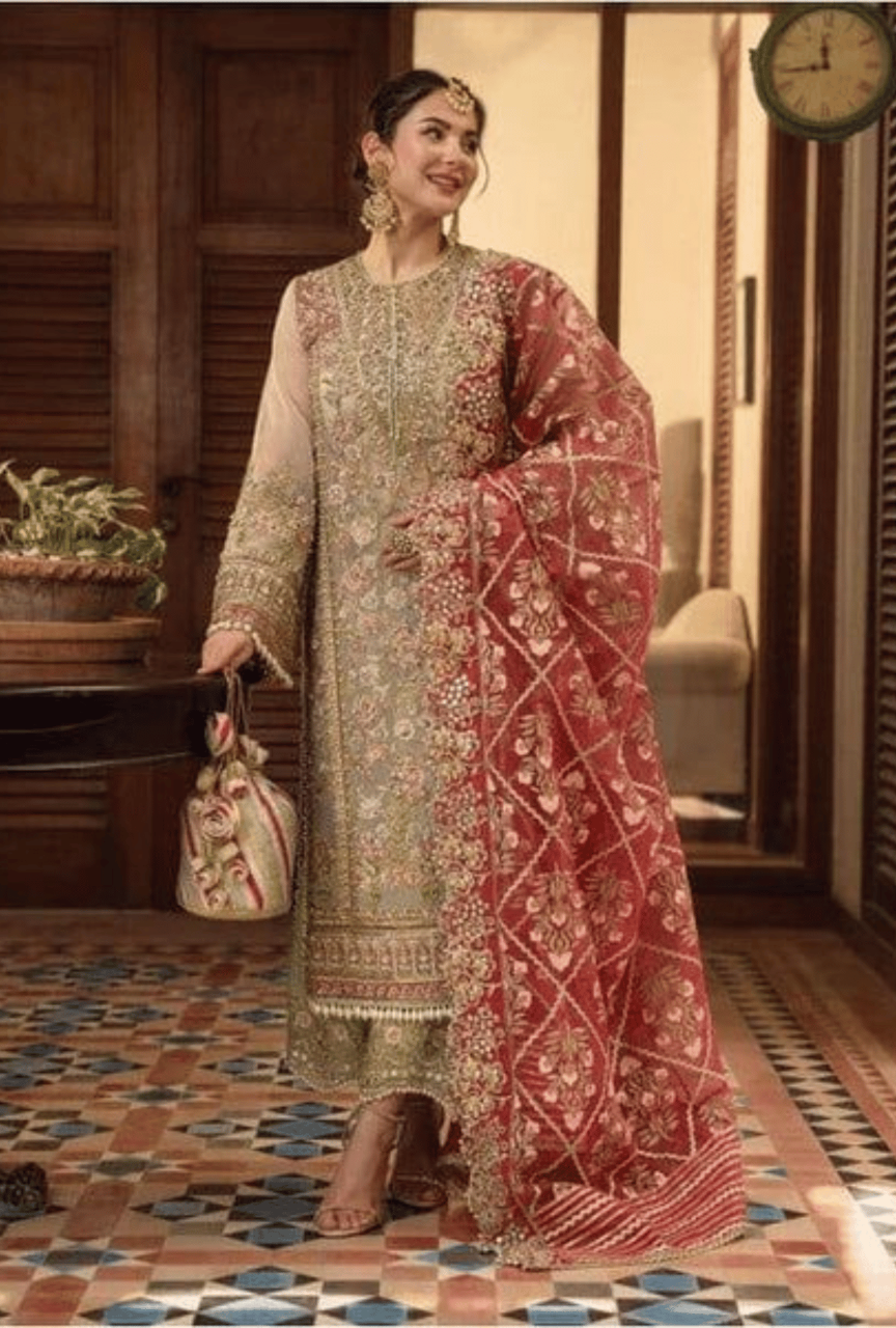 Luxury Organza Embroidered Suit with Satin Silk Trouser & Heavy Dupatta