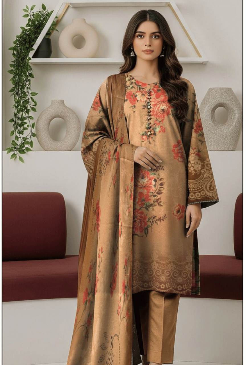 Woman wearing a floral embroidered dress in a minimal indoor setting