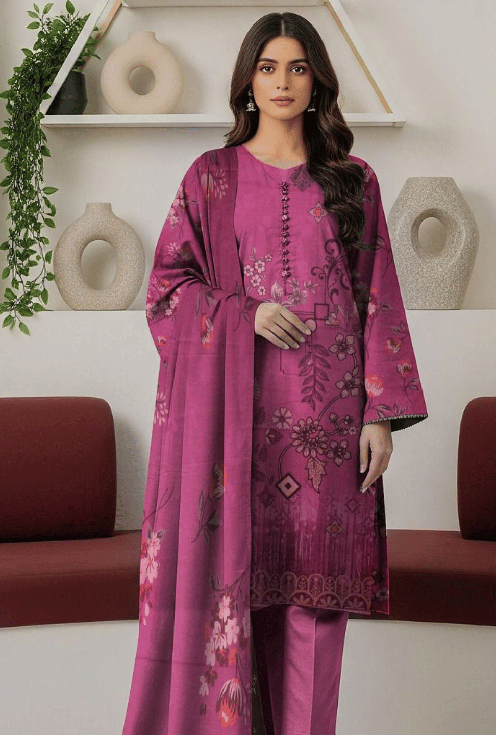 Woman wearing a pink embroidered outfit in a minimalistic room with decorative vases.