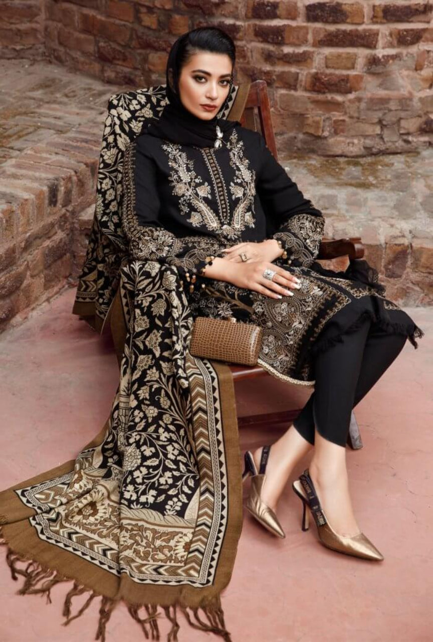 3 Piece Unstitched Heavy Embroidered Dhanak Suit with wool Shawl