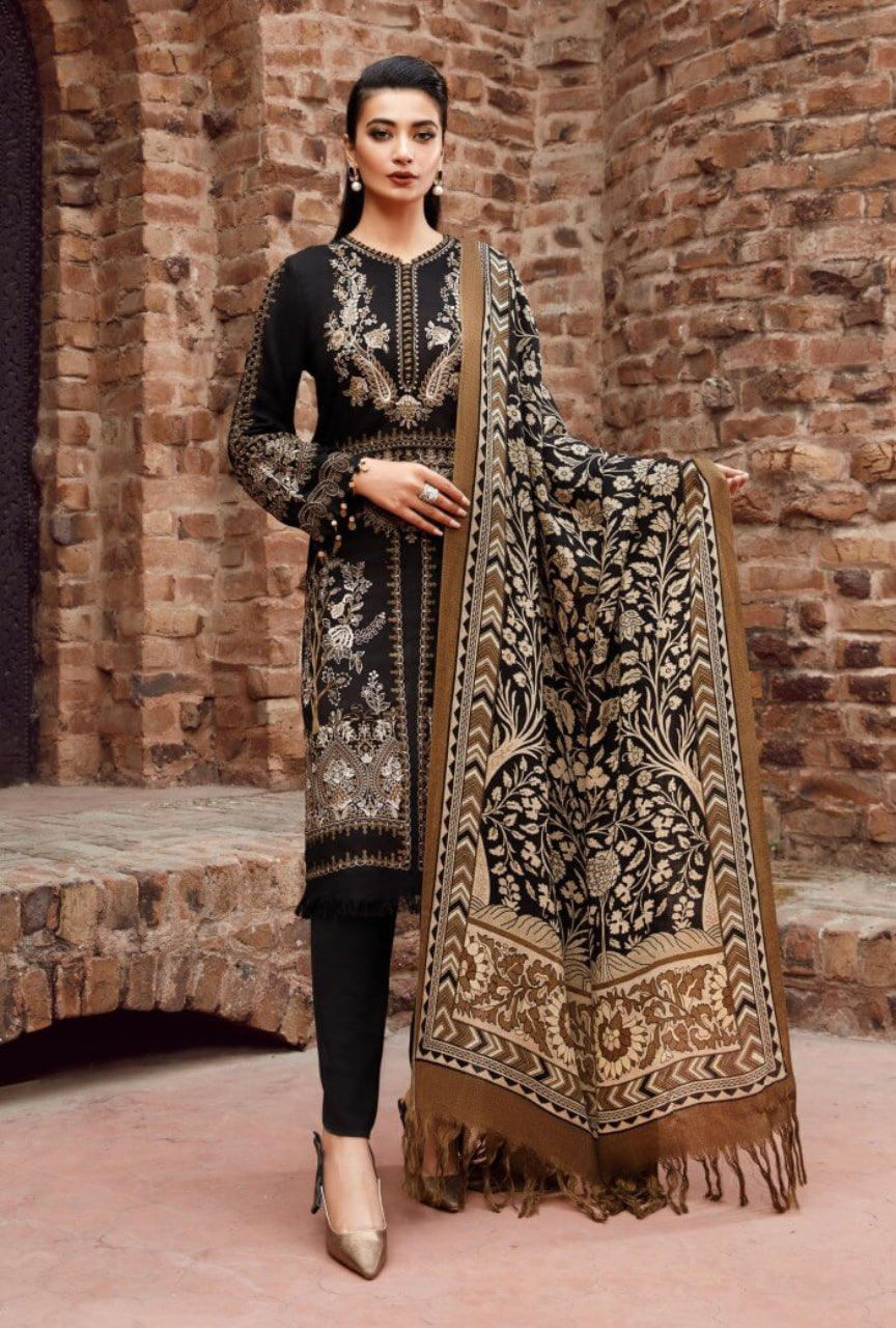3 Piece Unstitched Heavy Embroidered Dhanak Suit with wool Shawl