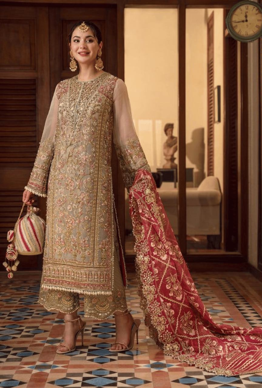 Luxury Organza Embroidered Suit with Satin Silk Trouser & Heavy Dupatta