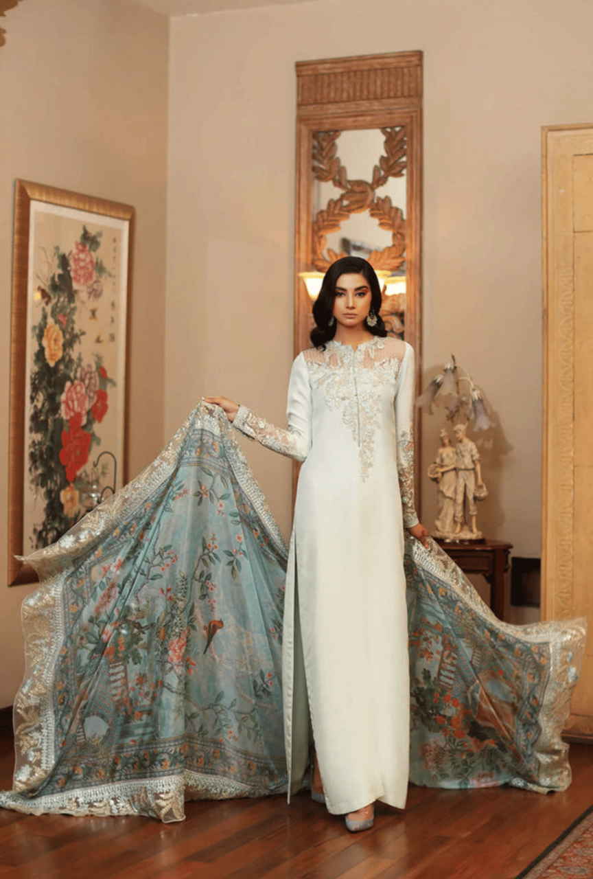 Luxury Charmuse Silk Embroidered 3-Piece Suit with Digital Printed Dupatta