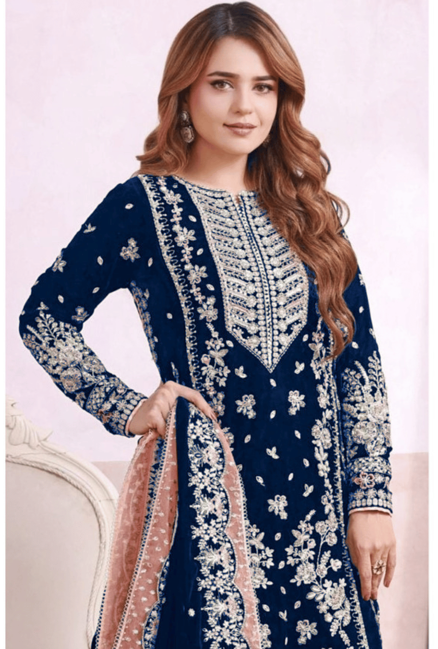 Luxury Micro Velvet Embroidered Suit with Chiffon Dupatta – Handworked Formal Wear