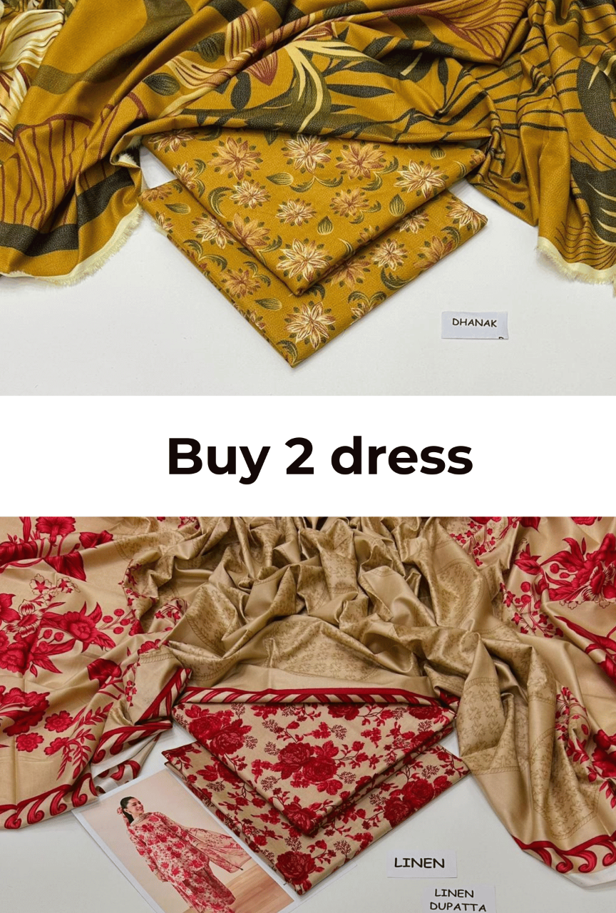 Textured fabric with floral patterns and a 'Buy 2 dress' offer on a white background.