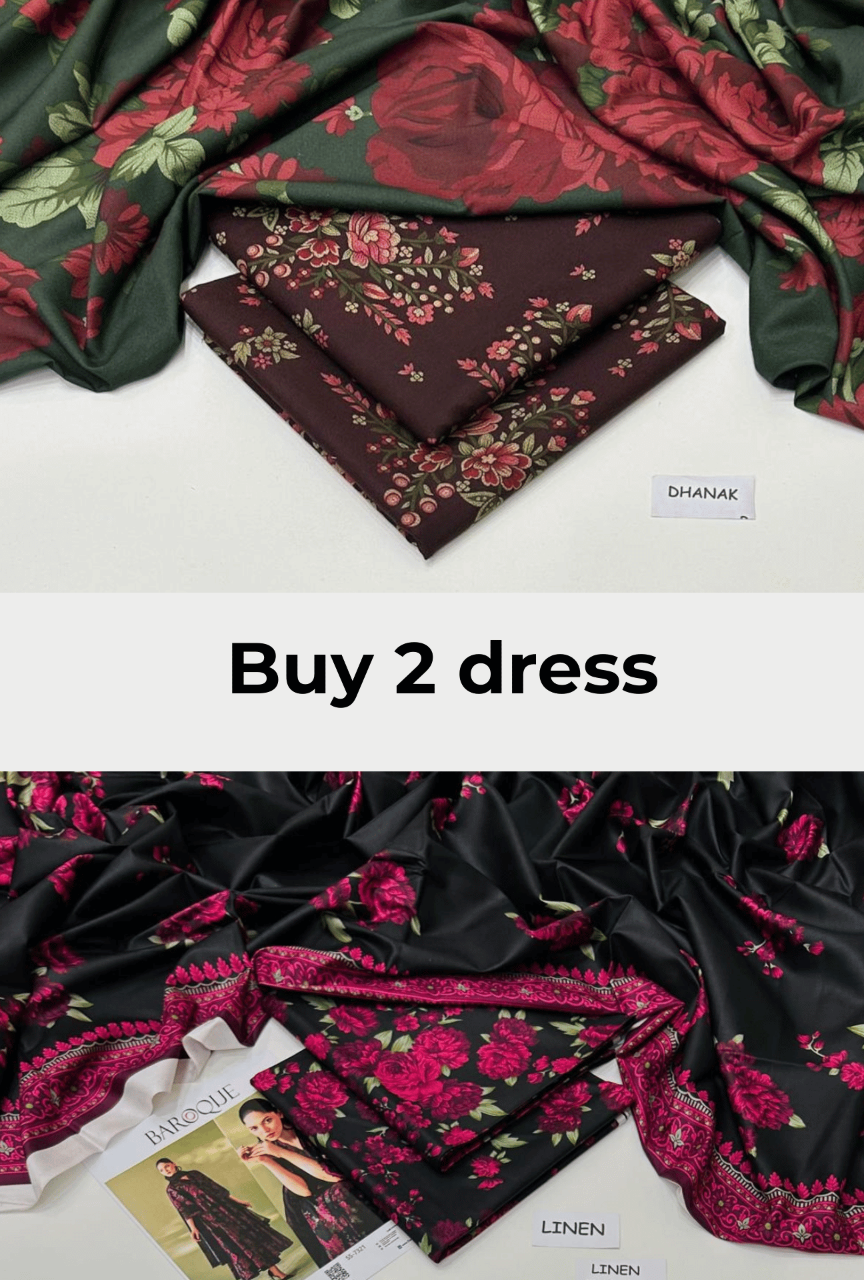 Floral fabric swatches with a 'Buy 2 dress' offer on a white background.