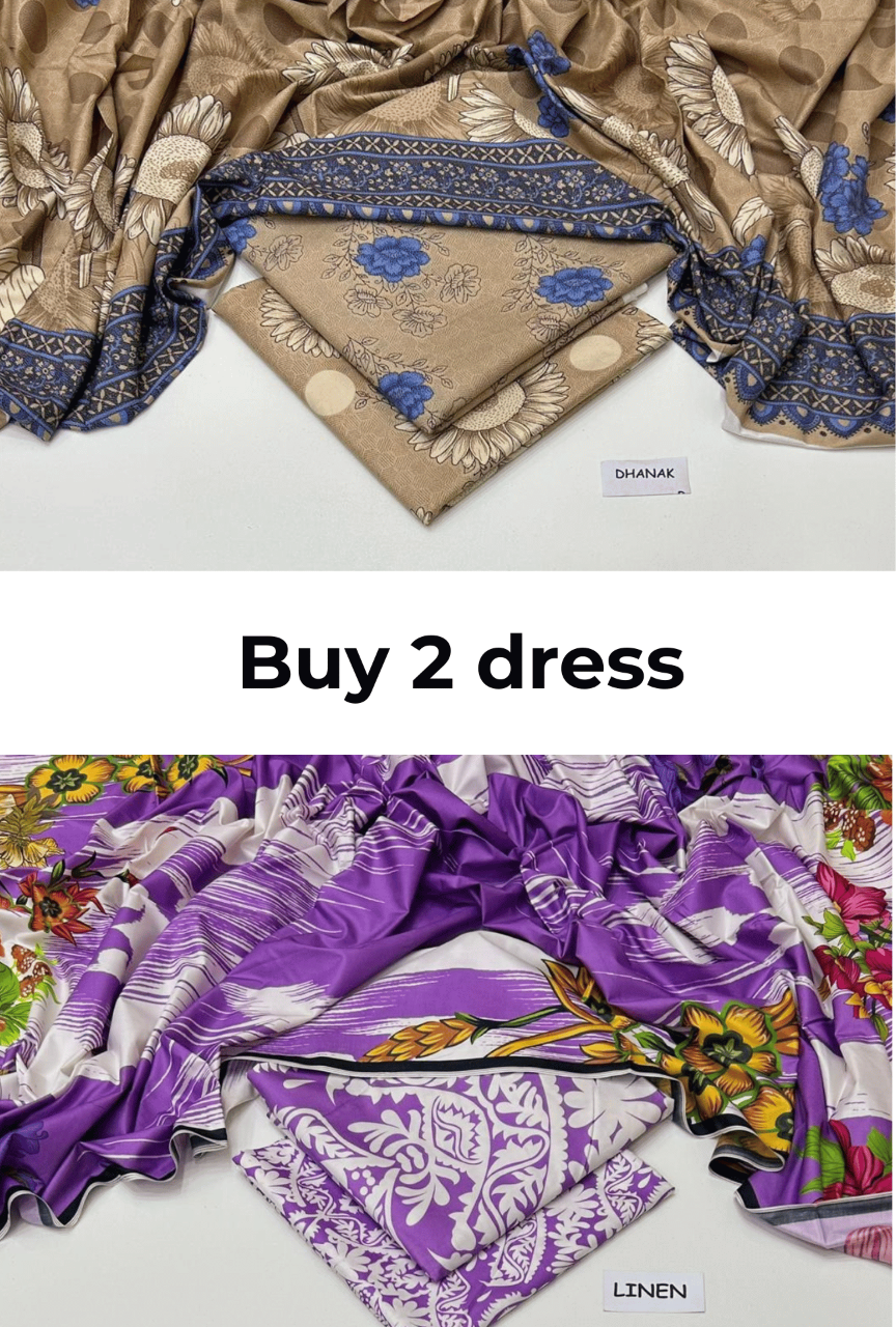 Two sets of patterned dresses with visible brand labels on a white background.