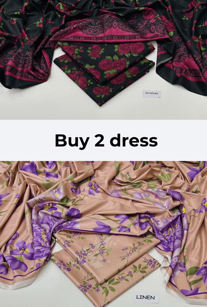 Two sets of floral-patterned dresses with labels on a white background