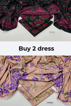 Two sets of floral-patterned dresses with labels on a white background