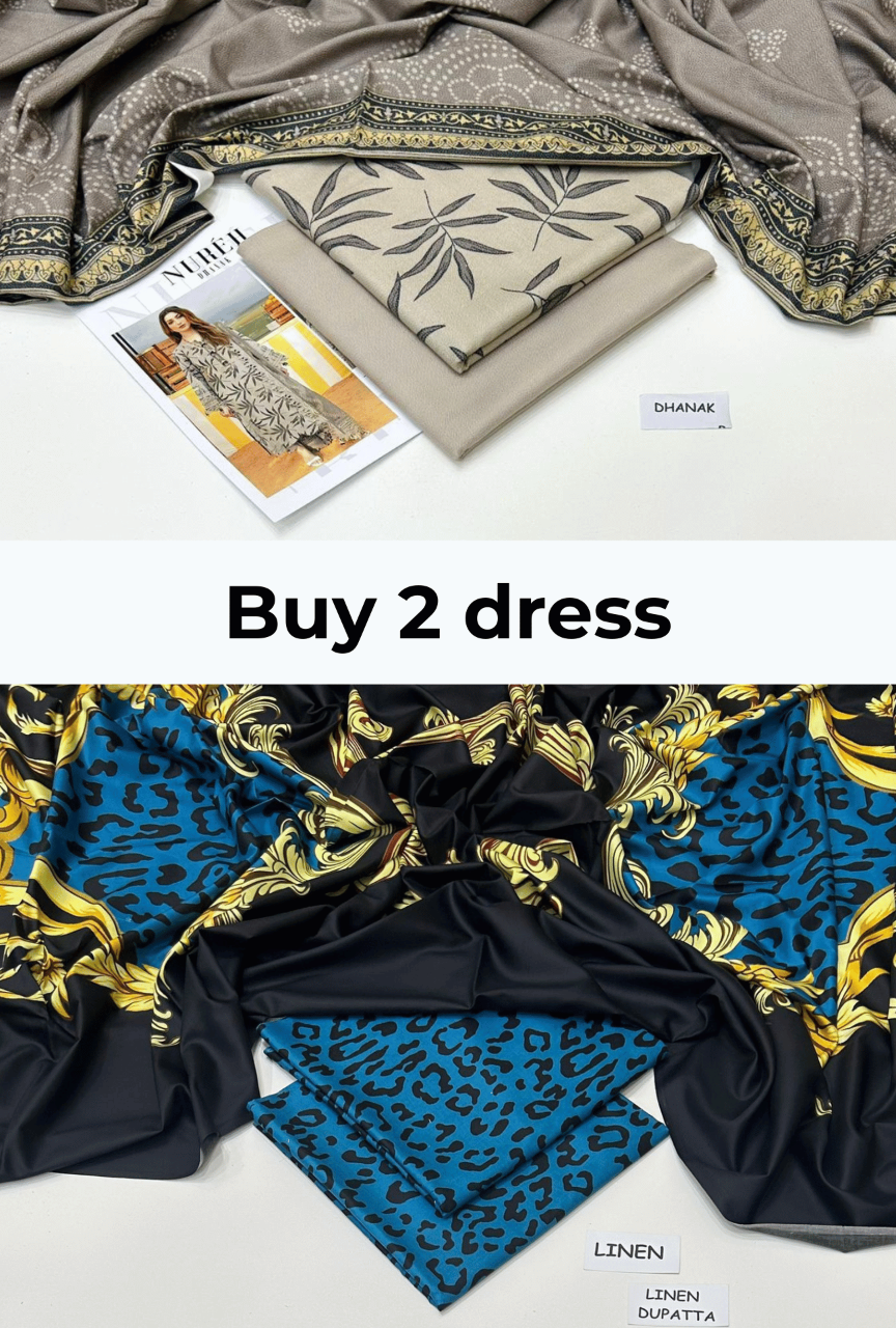 Two dresses with leopard print and baroque patterns on a white background, with text 'Buy 2 dress' displayed.