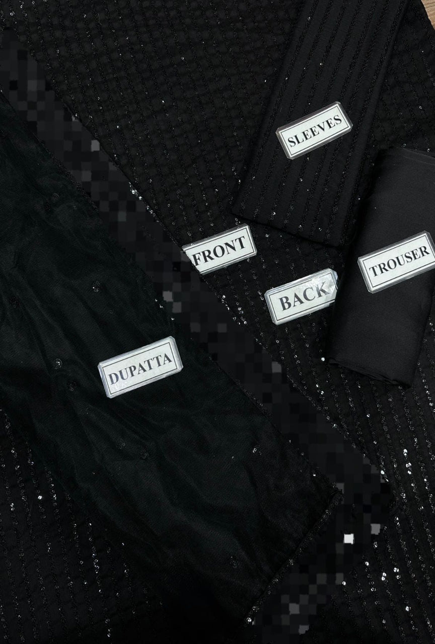Black textured fabric with labeled parts on a black background