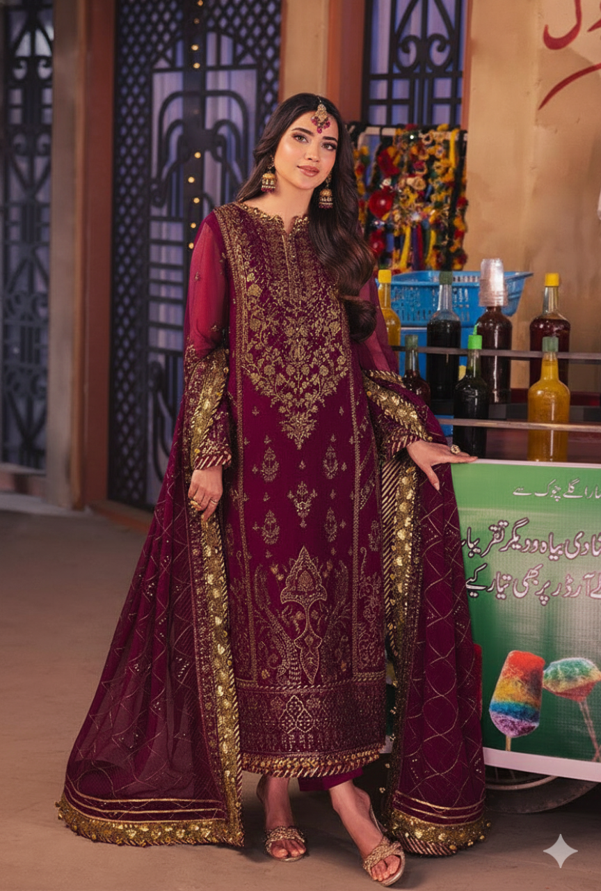 Woman in a traditional maroon and gold embroidered outfit standing indoors with decorative elements in the background.