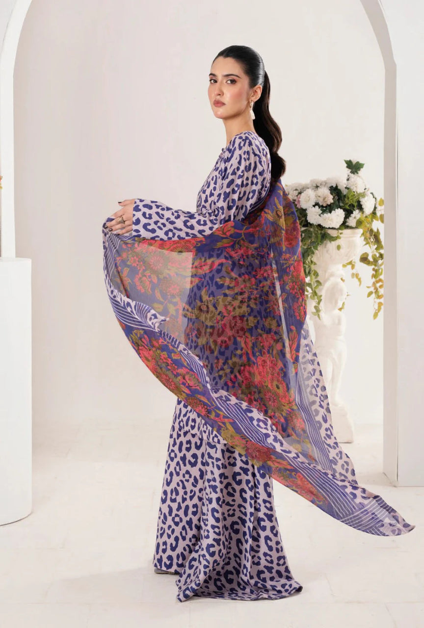 Woman holding a colorful scarf with a white background