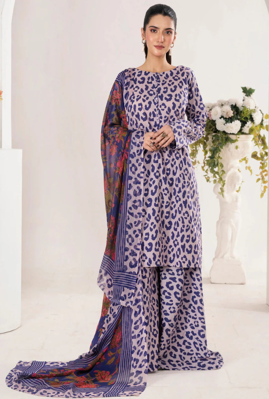 Woman wearing a leopard print dress with a floral dupatta against a white background