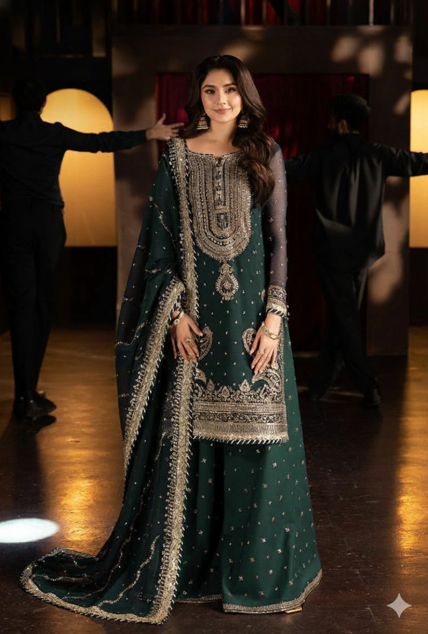 Woman in a green traditional outfit with intricate patterns standing indoors.