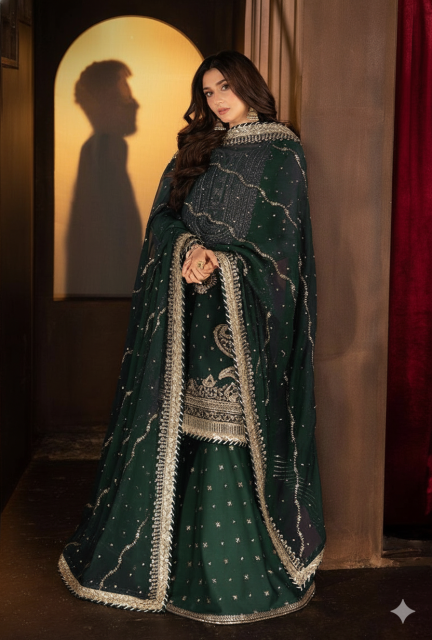 Woman in a dark green traditional outfit with intricate patterns standing against a warm-toned wall.