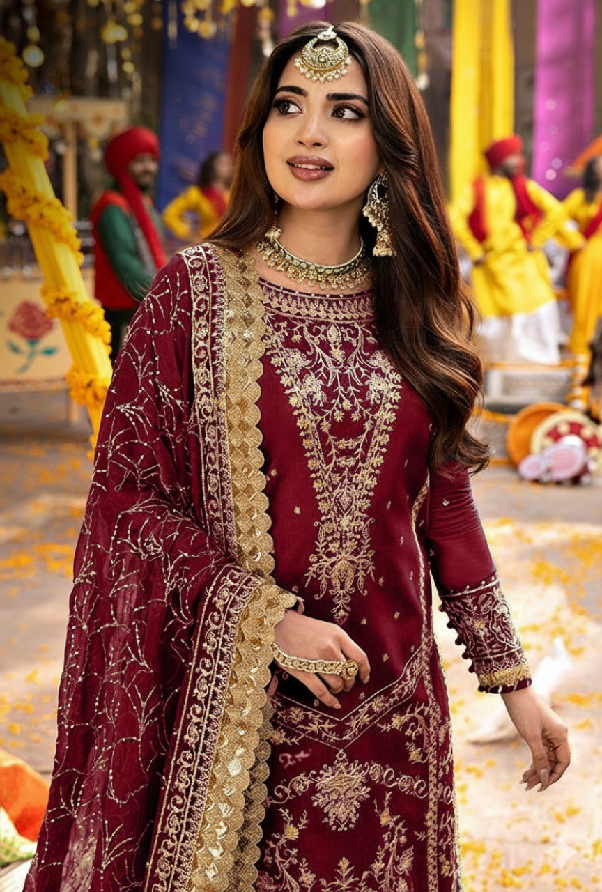 Woman in traditional maroon and gold embroidered outfit with festive background
