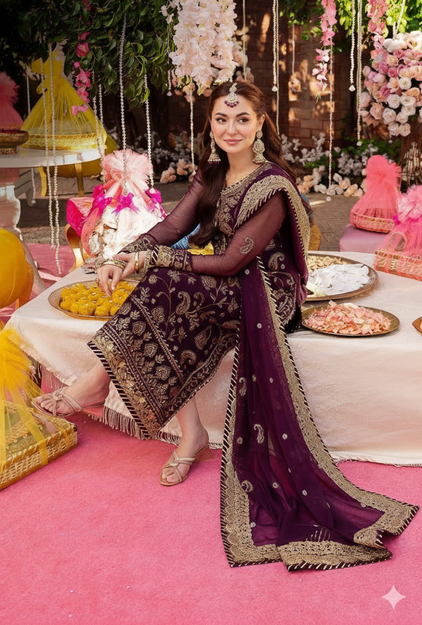 Woman in traditional attire at a festive indoor event with decorations and food.