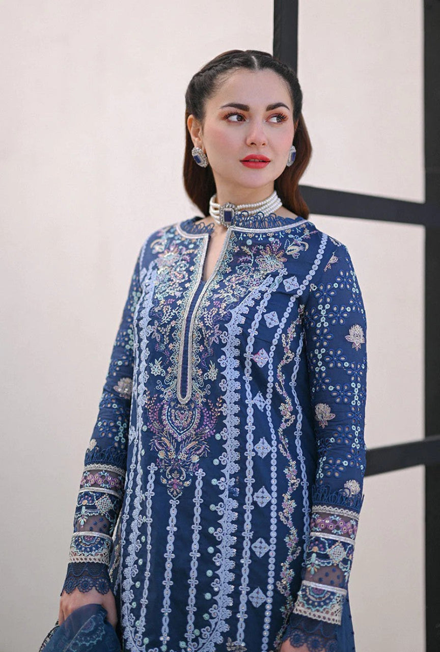 Woman wearing a blue embroidered dress against a neutral background