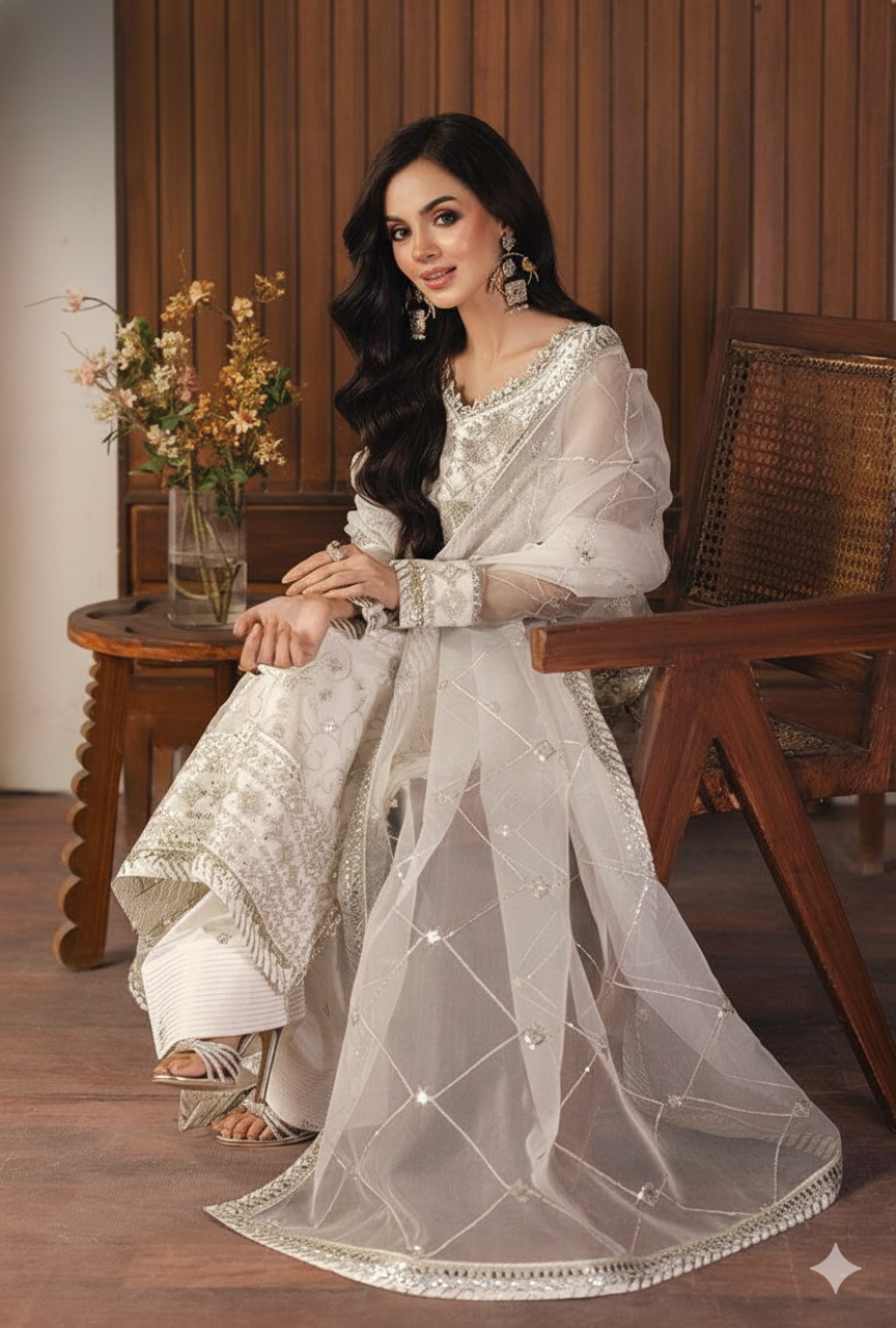 Woman in a white embroidered traditional outfit sitting in a wooden interior setting.