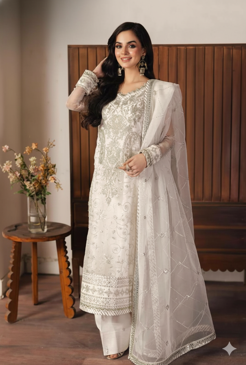 Woman in a white embroidered traditional outfit standing indoors with a wooden panel and vase of flowers in the background.