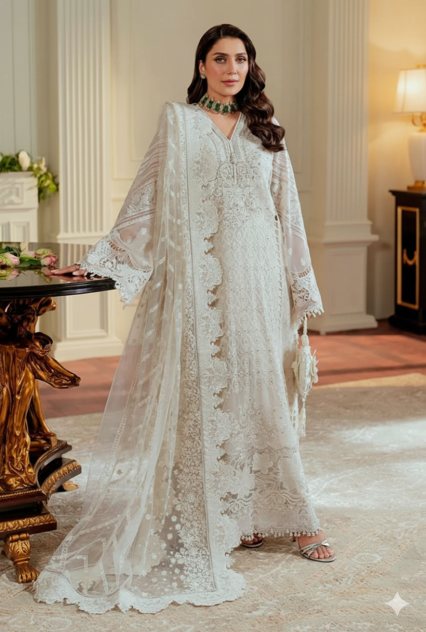Woman in a white lace dress standing in an elegant room with classical architecture.