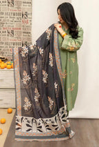 Woman holding a floral-patterned black dupatta with a white background