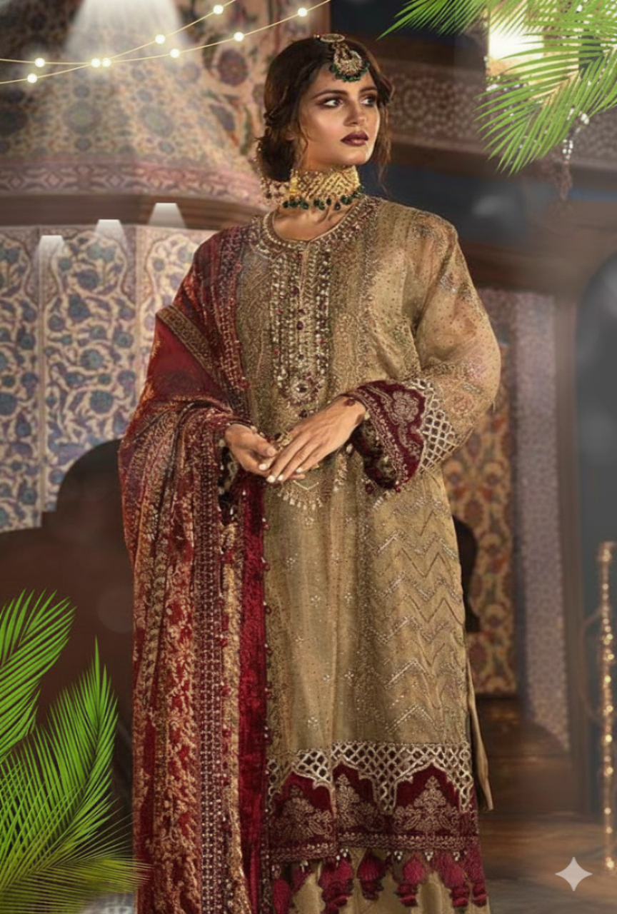 Woman in traditional embroidered outfit with a decorative background