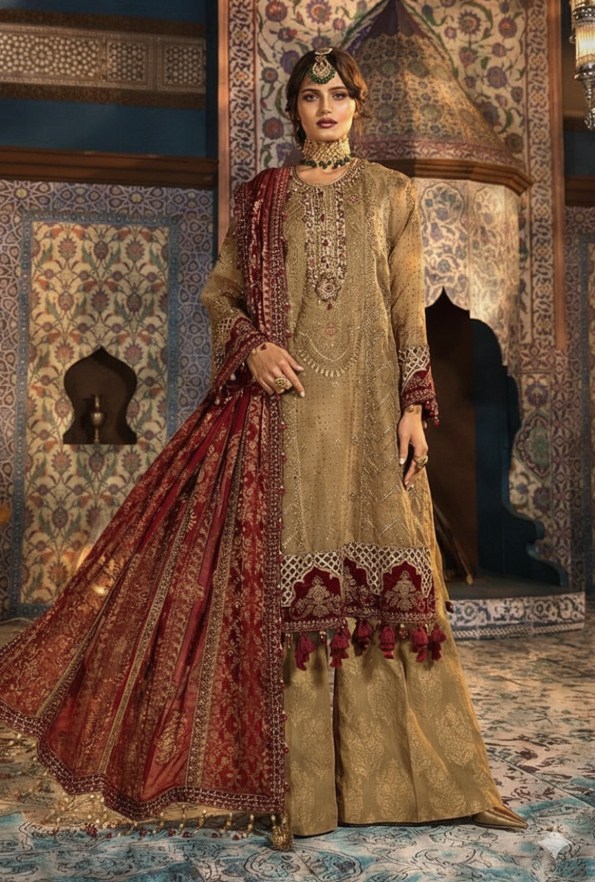 Woman in traditional embroidered outfit standing in a decorative interior setting