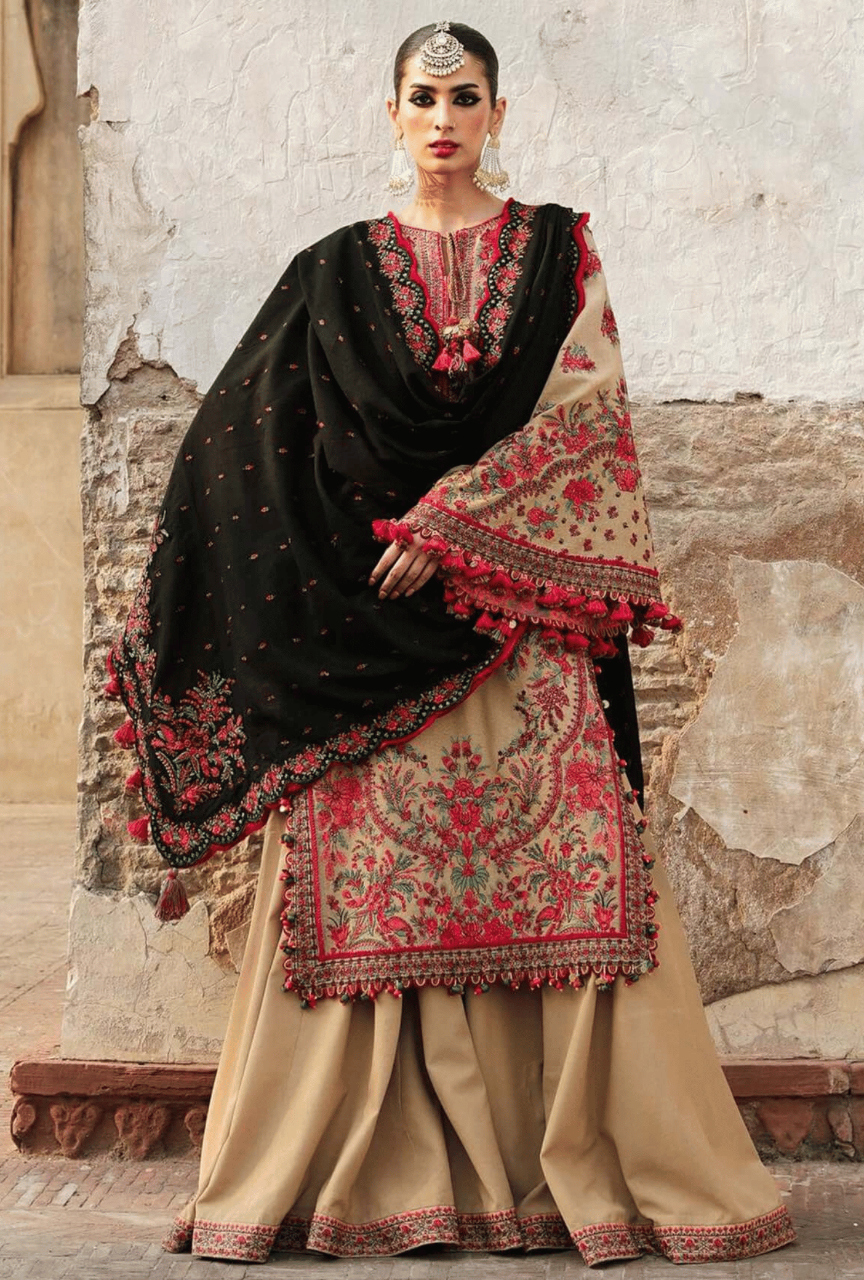 3PC Embroided Dhanak Shirt With Embroidered Wool Shawl