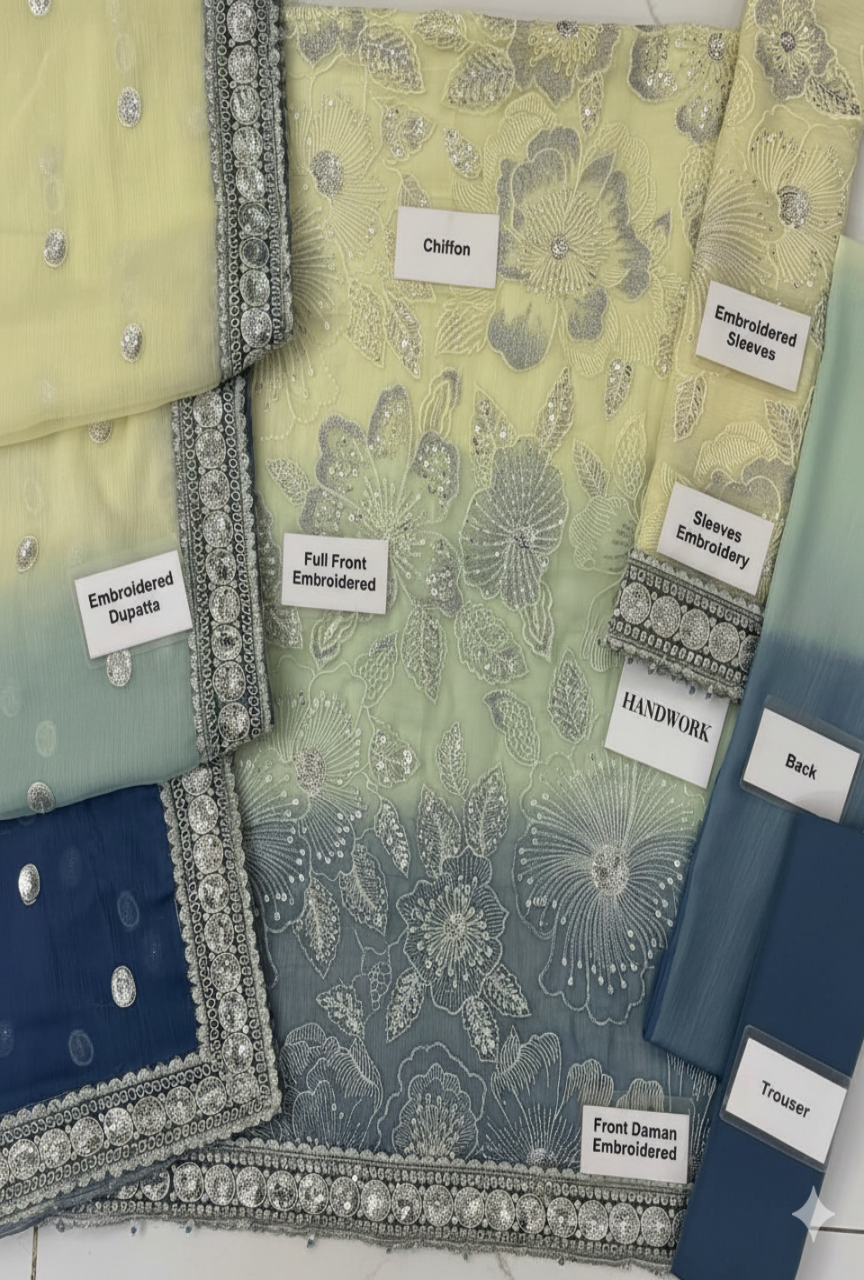 Aiza Minal Premium Chiffon Embroidery Collection – 3PC Unstitched Suit