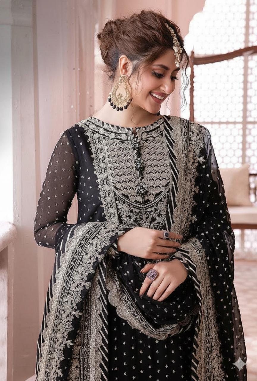 Chiffon 3-Piece Suit – Heavy Embroidery & Spangle Work