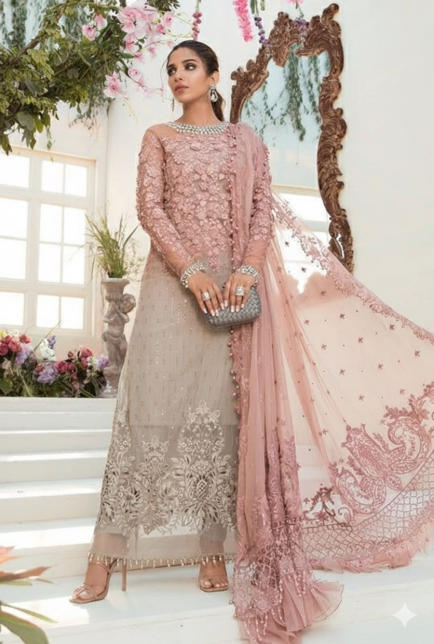 Elegant Tie & Dye Chiffon 3PC Embroidered Suit with 3D Handwork