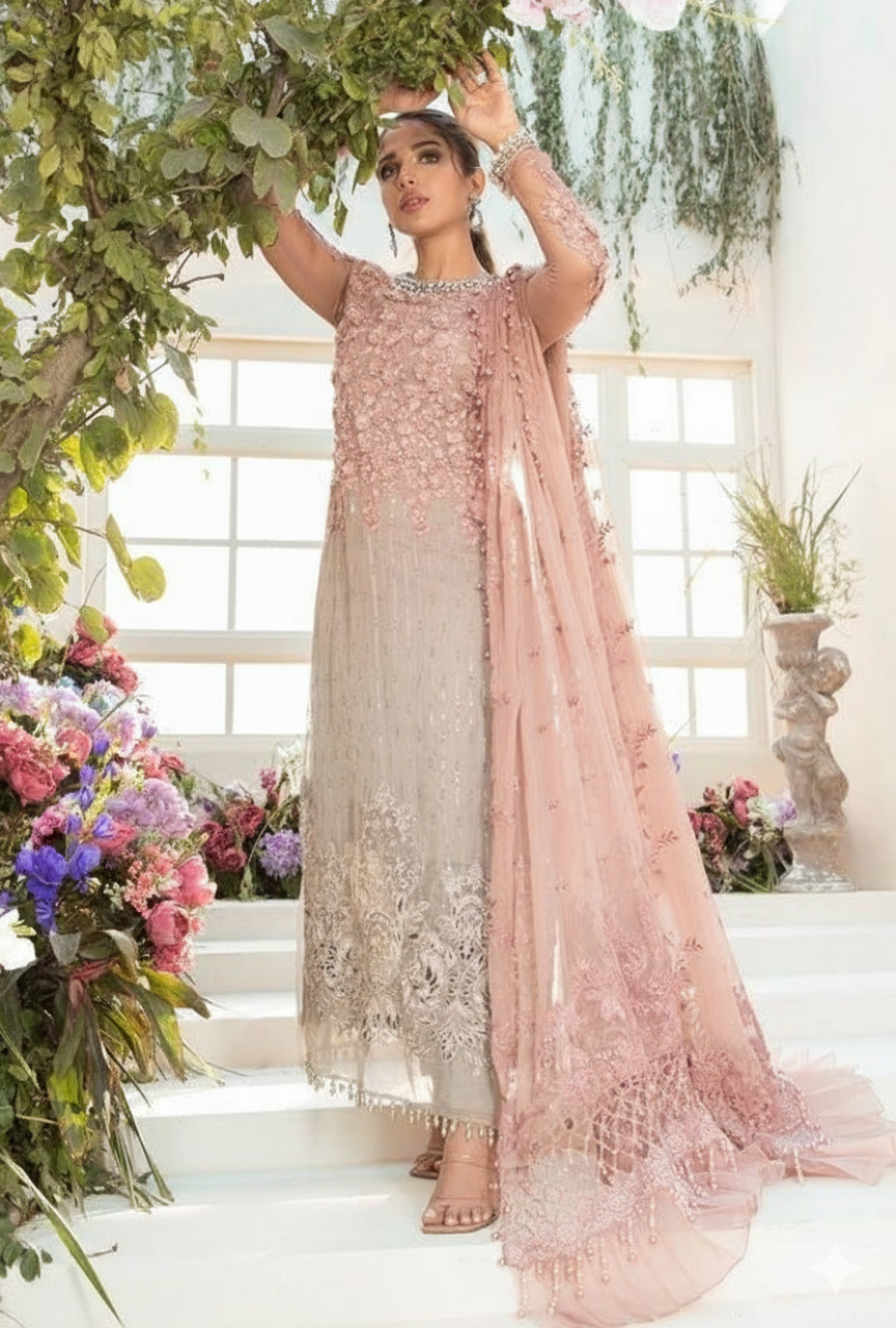 Elegant Tie & Dye Chiffon 3PC Embroidered Suit with 3D Handwork