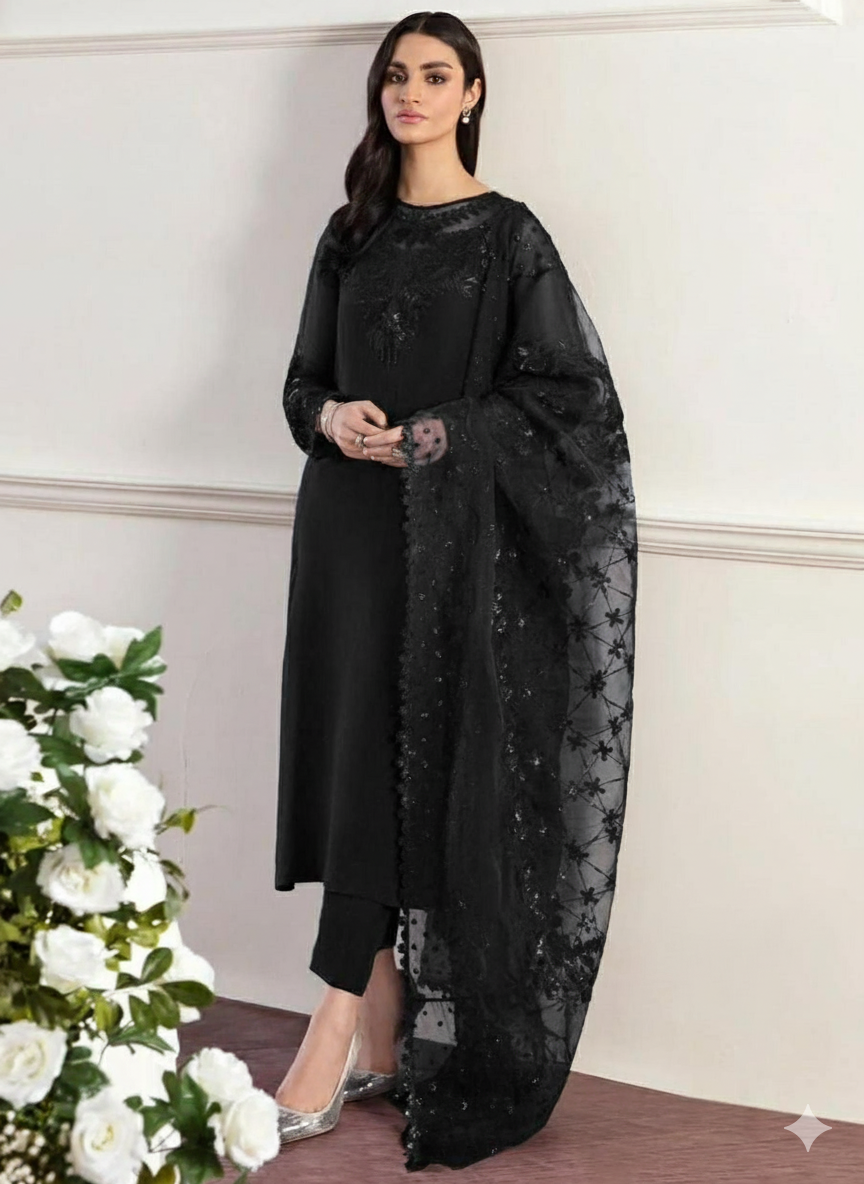 Chiffon 3PC Suit with Embroidered Organza Dupatta