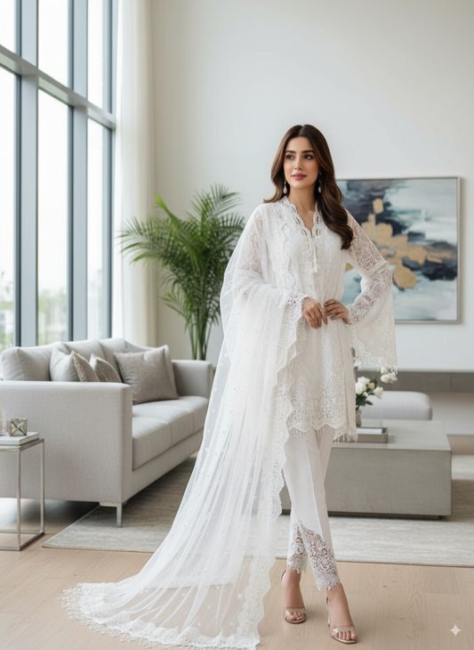 3-Piece Embroidered Suit with Handwork & Beaded Dupatta