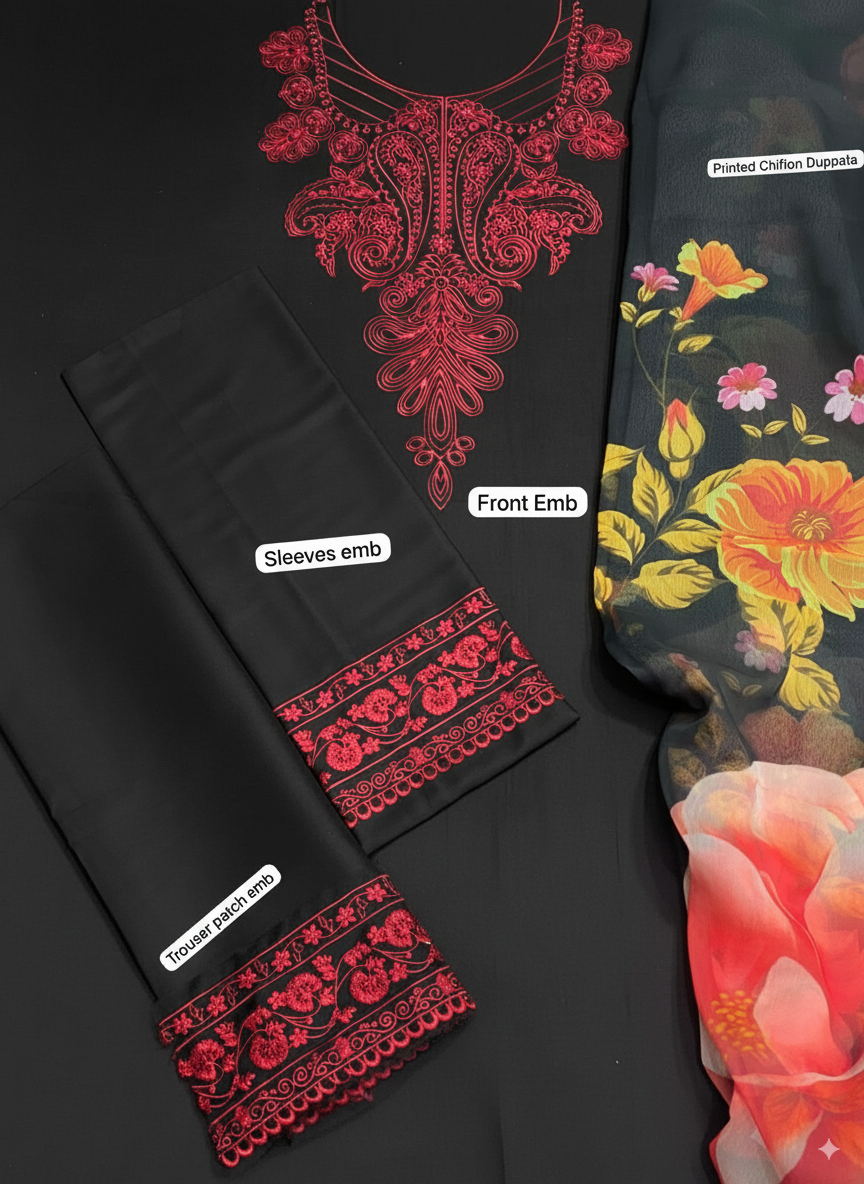 Embroidered Linen 3Pc Suit with Printed Chiffon Dupatta – Winter Collection