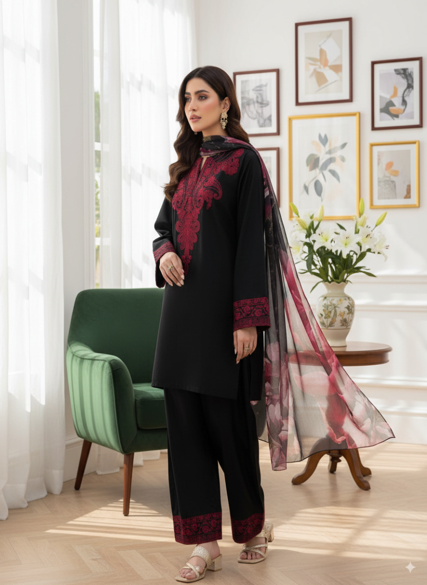 Embroidered Linen 3Pc Suit with Printed Chiffon Dupatta – Winter Collection
