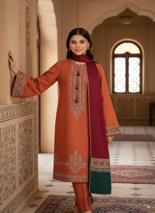 Embroidered Linen 3Pc Suit with Printed Chiffon Dupatta – Winter Collection