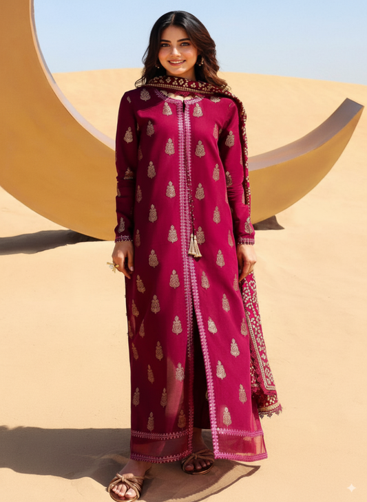 Embroidered Linen 3Pc Suit with Printed Chiffon Dupatta – Winter Collection