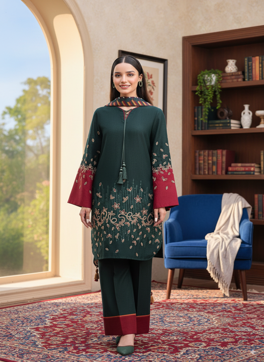Embroidered Linen 3Pc Suit with Printed Chiffon Dupatta – Winter Collection