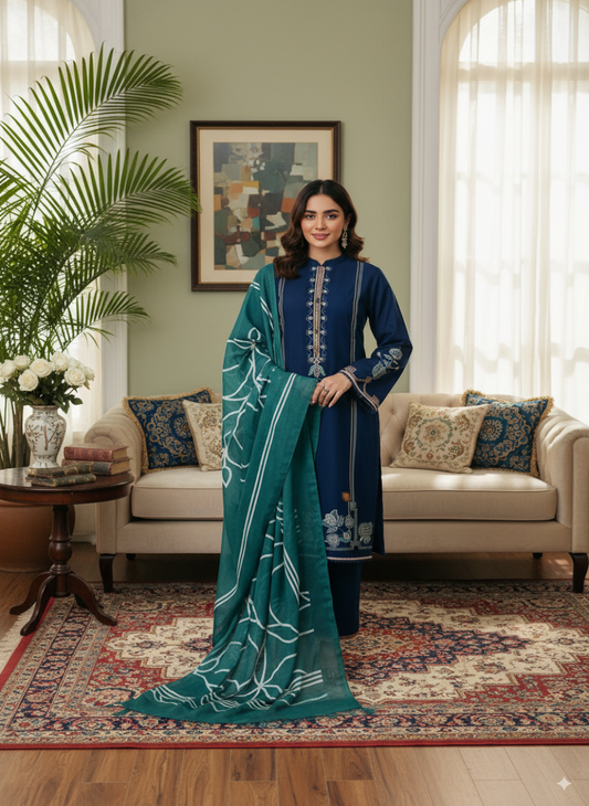 Embroidered Linen 3Pc Suit with Printed Chiffon Dupatta – Winter Collection