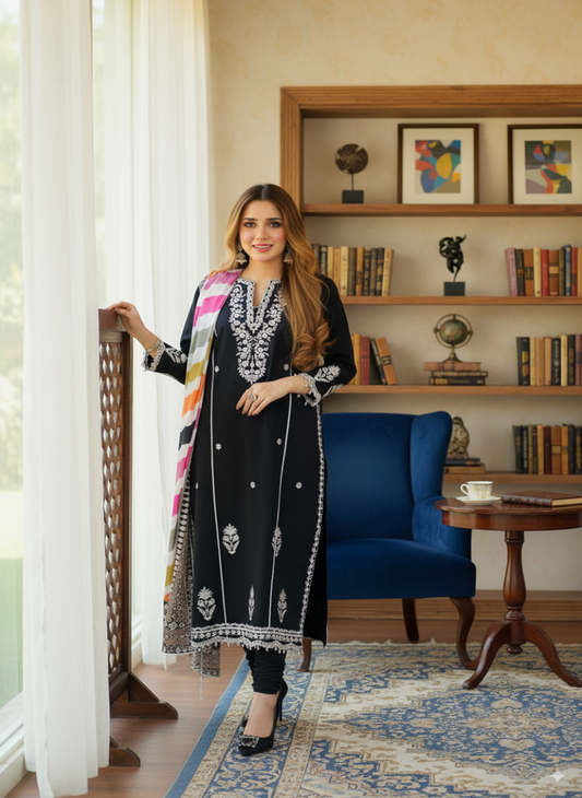 Embroidered Linen 3Pc Suit with Printed Chiffon Dupatta – Winter Collection