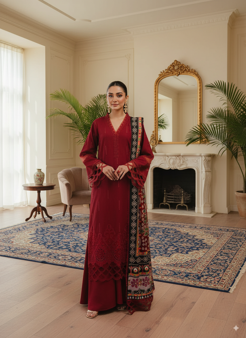 Maria B Dhanak Collection – Luxury Embroidered 3-Piece Suit with Digital Print Wool Shawl